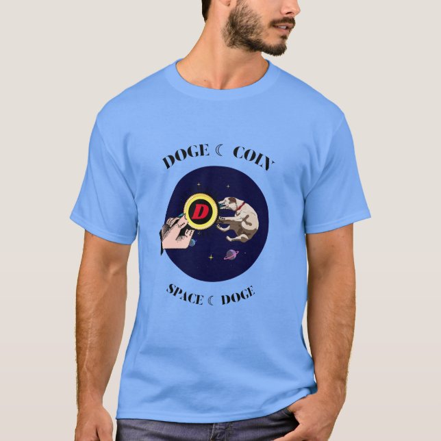 Funny Dog catches dogecoin in space T-Shirt (Front)