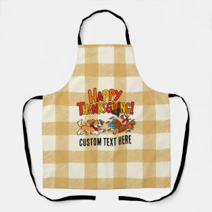 Funny Dog Chasing Turkey Plaid Happy Thanksgiving Apron