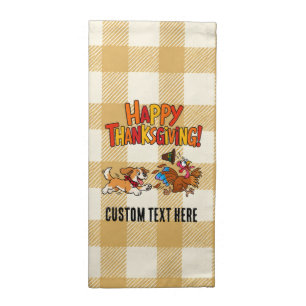 Funny Dog Chasing Turkey Plaid Happy Thanksgiving Cloth Napkin