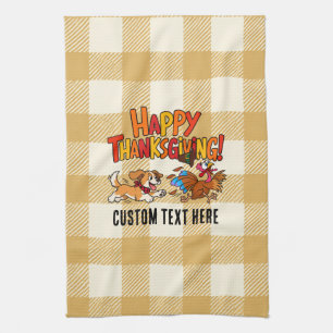 Funny Dog Chasing Turkey Plaid Happy Thanksgiving Kitchen Towel