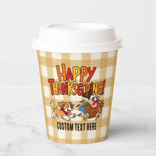 Funny Dog Chasing Turkey Plaid Happy Thanksgiving Paper Cups