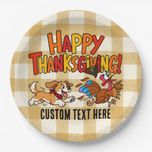 Funny Dog Chasing Turkey Plaid Happy Thanksgiving Paper Plates