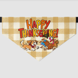 Funny Dog Chasing Turkey Yellow Plaid Thanksgiving Pet Bandana Collar