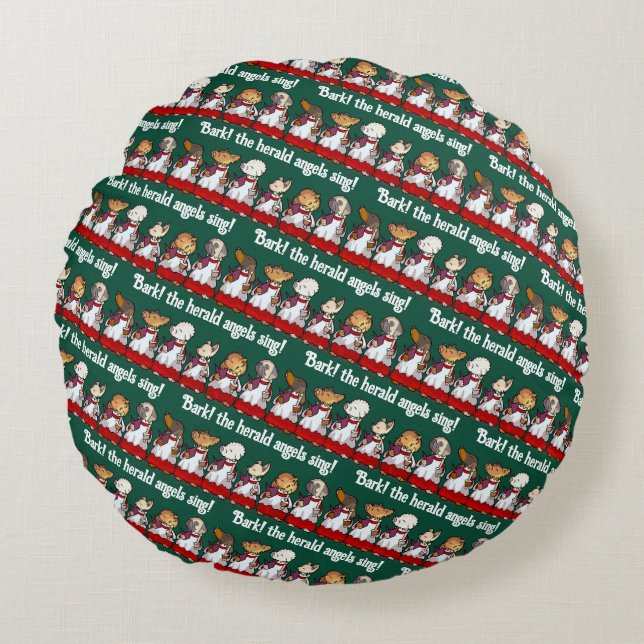 Funny Dog Choir Bark! Xmas Carol Pun Cartoon Round Pillow (Front)