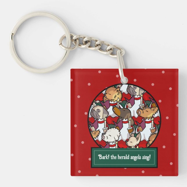 Funny Dog Choir Christmas Carol Pug Pun Cartoon Keychain (Front)