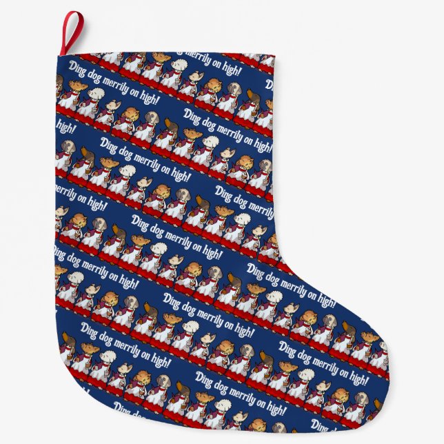 Funny Dog Choir Ding Dog Xmas Carol Pun Cartoon Large Christmas Stocking (Front)