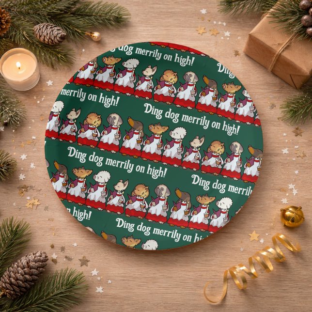 Funny Dog Choir Ding Dog Xmas Carol Pun Cartoon Paper Plates (Creator Uploaded)