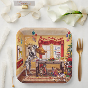 Funny Dog Christmas Turkey Thief Holiday Party Paper Plates