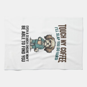 Funny Dog Coffee Warning Vintage Engraving Design_ Kitchen Towel