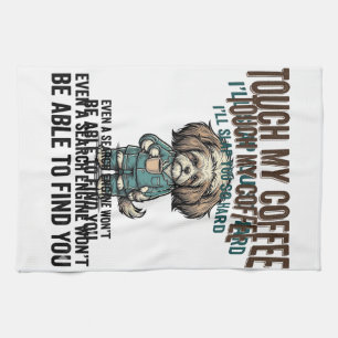 Funny Dog Coffee Warning Vintage Engraving Design_ Kitchen Towel