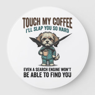 Funny Dog Coffee Warning Vintage Engraving Design_ Large Clock