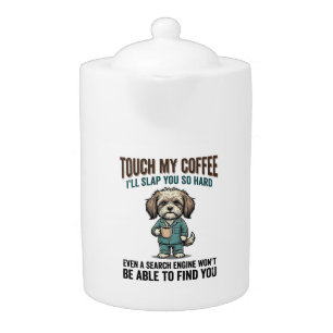 Funny Dog Coffee Warning Vintage Engraving Design_ Teapot