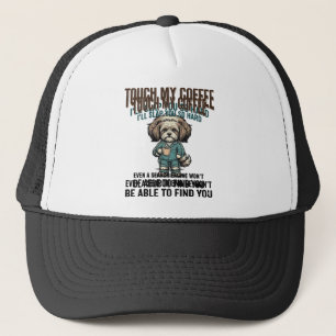 Funny Dog Coffee Warning Vintage Engraving Design_ Trucker Hat