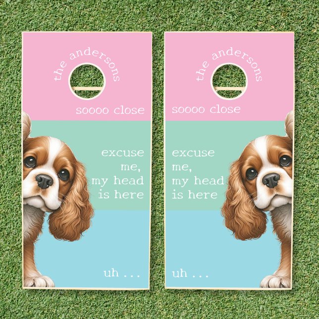 Funny Dog Custom Cornhole Set (cute elegant funny cocker spaniel puppy dog cornhole boards for dog lovers with custom family name)
