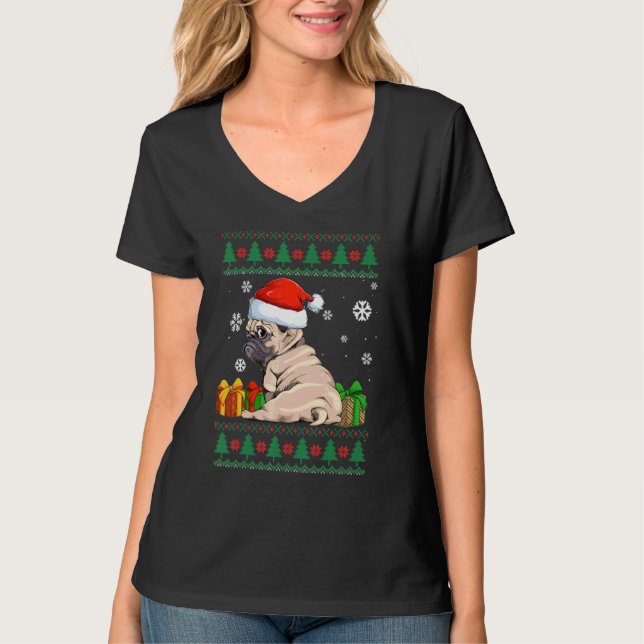 Funny Dog Cute Pug Santa Hat Ugly Christmas Sweate T-Shirt (Front)