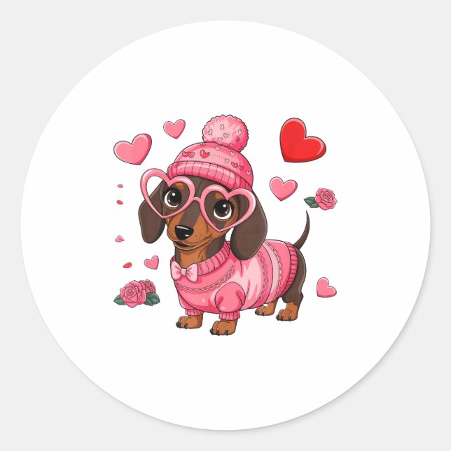 Funny Dog Dachshund Valentines Heart Dog Lover Men Classic Round Sticker (Front)