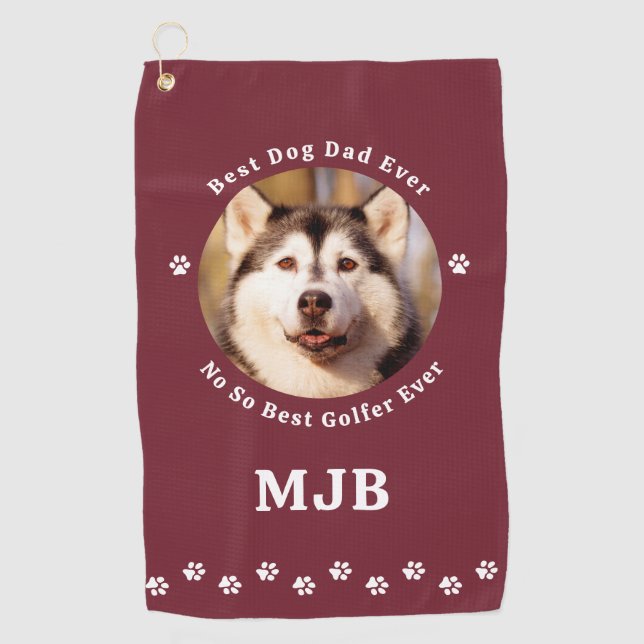 Funny DOG DAD Personalized Photo Golfer Red Golf Towel (Front)