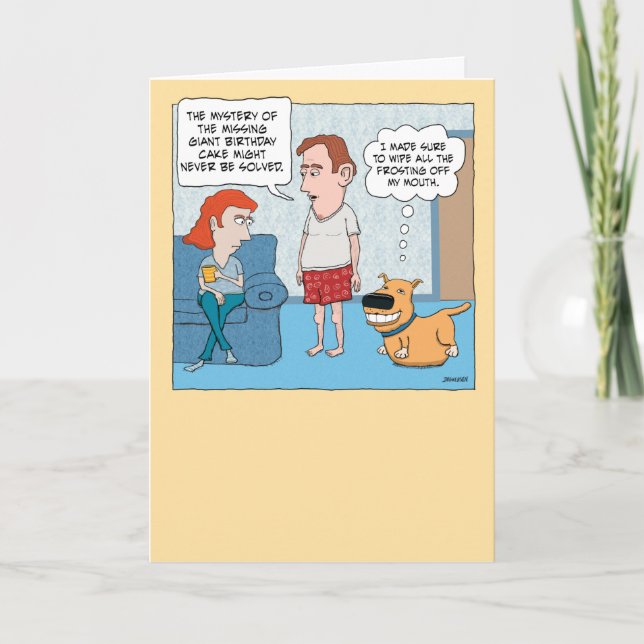 Funny Dog Eats Giant Birthday Cake Birthday Card (Front)