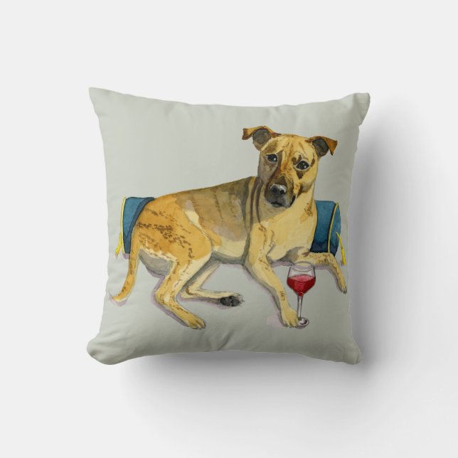 Funny Dog Enjoying Wine Watercolor Painting Throw Pillow (Front)