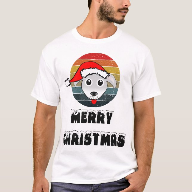 Funny Dog Face Grey Cartoon With Santa Claus Hat T-Shirt (Front)
