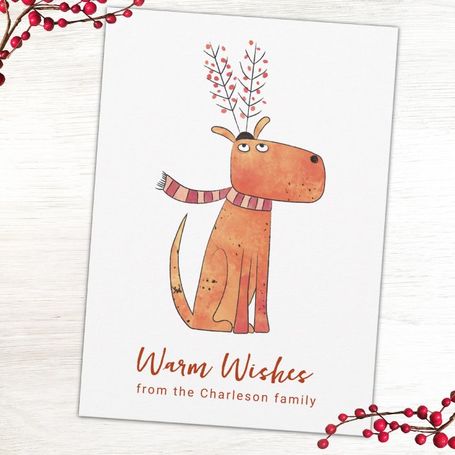 Funny Dog Fake Reindeer Holiday Card (Fun dog humor personalized holiday card with custom text)