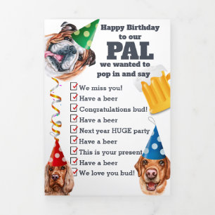 Funny dog from the gang party hat streamers beer Tri-Fold holiday card