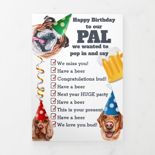 Funny dog from the gang party hat streamers beer Tri_Fold holiday card
