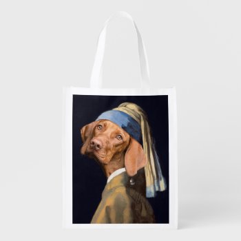 Funny Dog Girl With A Pearl Earring Vermeer Parody Grocery Bag by LaborAndLeisure at Zazzle