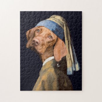 Funny Dog Girl With A Pearl Earring Vermeer Parody Jigsaw Puzzle by LaborAndLeisure at Zazzle