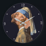 Funny Dog Girl with a Pearl Earring Vermeer Parody Large Clock<br><div class="desc">The wide-eyed sideways look. That mysterious facial expression. The glistening bangle dangling from her ear. Why, it's Vermeer's "Girl with a Pearl Earring, " of course! Except... nope. On this funny design, the girl has been replaced by a cute dog. Enjoy "Dog with a Pearl Earring, " classic art at...</div>