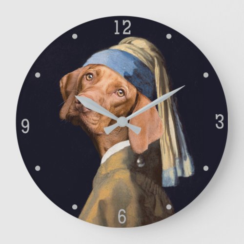 Funny Dog Girl with a Pearl Earring Vermeer Parody Large Clock