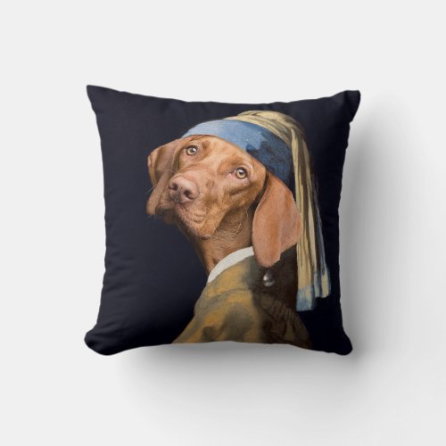 Funny Dog Girl with a Pearl Earring Vermeer Parody Throw Pillow