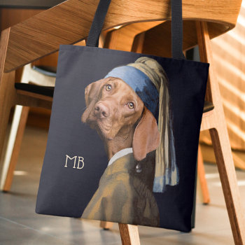 Funny Dog Girl With A Pearl Earring Vermeer Parody Tote Bag by LaborAndLeisure at Zazzle