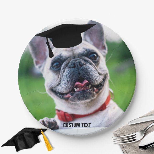 Funny Dog Graduation French BullDog Custom Photo Paper Plates (Creator Uploaded)