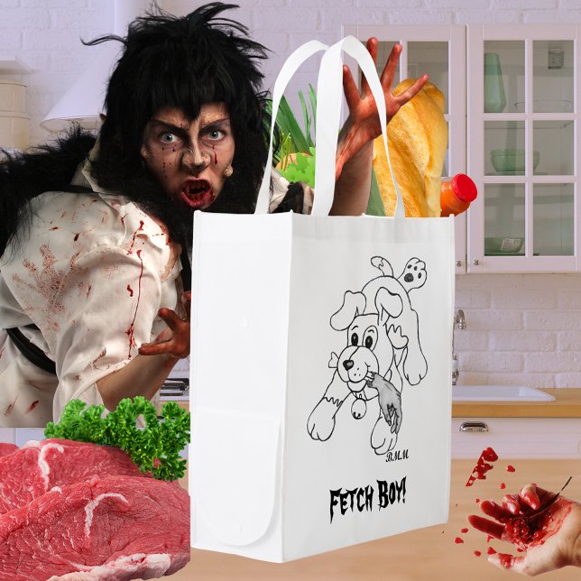 Funny Dog Hand in Mouth Fetch Boy Grocery Bag (Funny Dog Hand in Mouth Fetch Boy Grocery Bag)