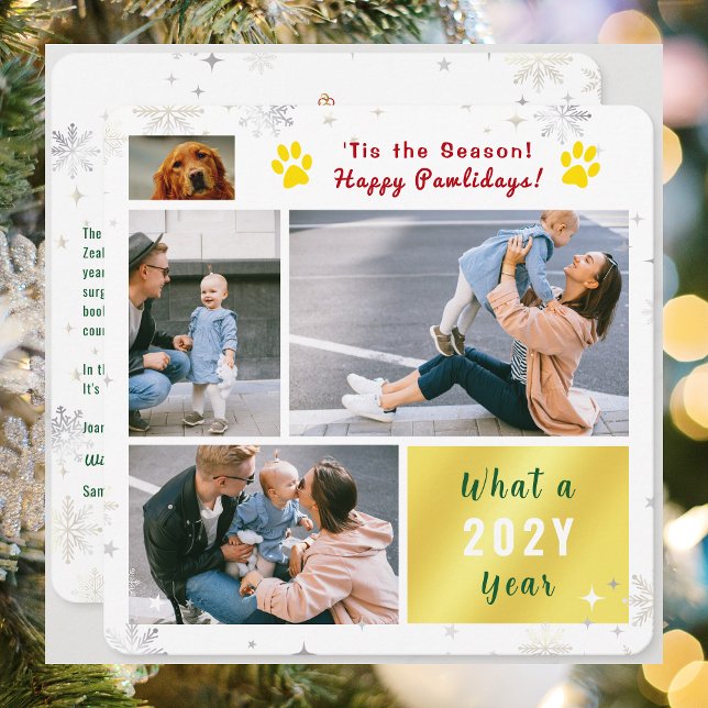 Funny Dog Happy Pawlidays Photos Christmas Letter Holiday Card (Funny Dog Cat Photo Happy Pawlidays with 4 Photos Total. Elegant Cute Snowflakes. What a year letter)