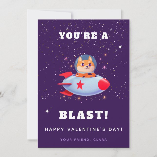 Funny Dog in Spaceship Rocket Kids Valentines Day  Holiday Card (Front)