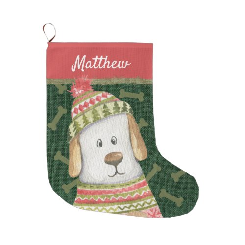 Funny Dog in Tan and Red Sweater Hat Bones Name Large Christmas Stocking