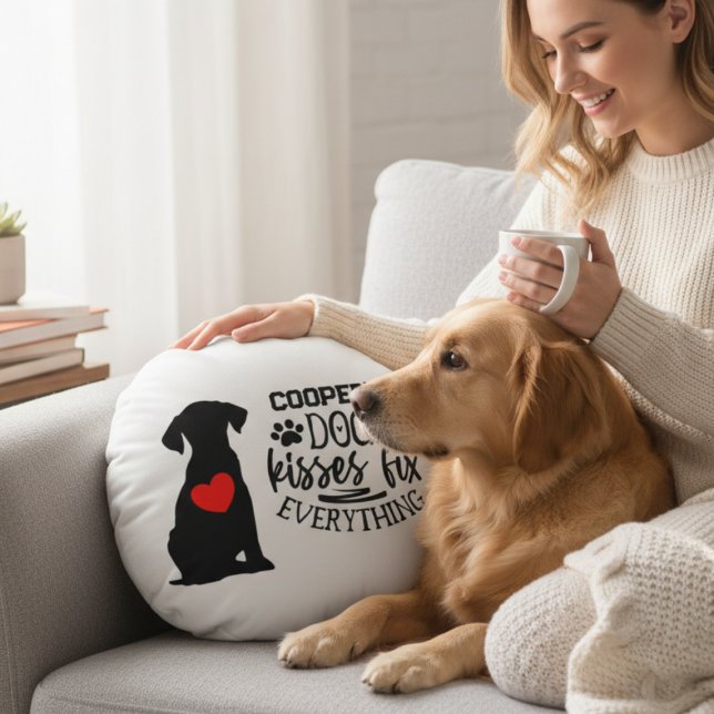 Funny Dog Kisses Fix Everything Pet Lover Round Pillow (Dog Kisses Fix Everything round pillow for pet parents — perfect holiday gift idea for her.)