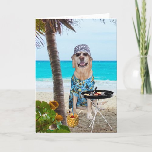 Funny DogLab in Hawaiian Shirt on Beach BD Card