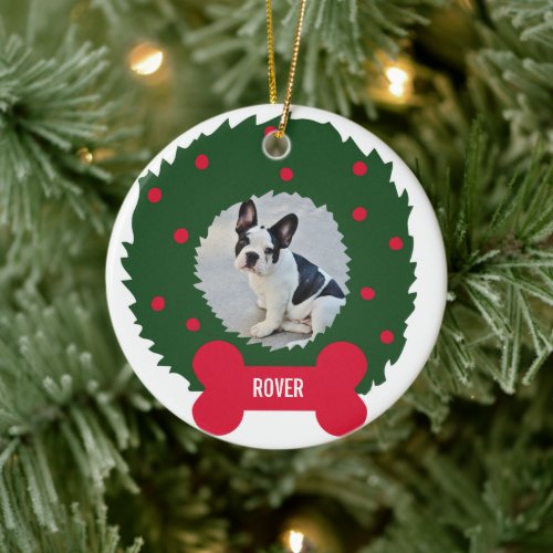 Funny Dog Lovers Christmas Wreath With Dog Photo  Ceramic Ornament