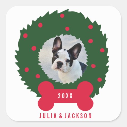 Funny Dog Lovers Christmas Wreath With Dog Photo Square Sticker