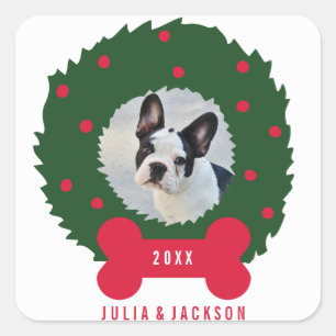 Funny Dog Lover's Christmas Wreath With Dog Photo Square Sticker