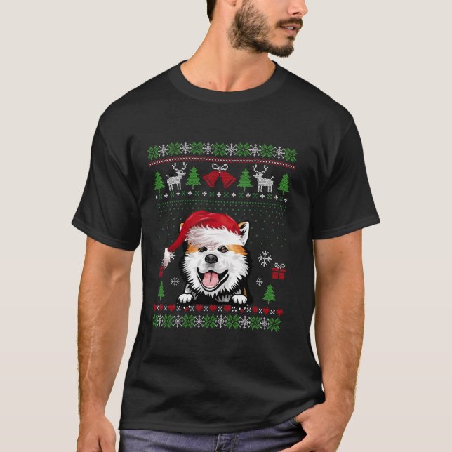 Funny Dog Lovers Cute Akita Santa hat Ugly Christm T-Shirt (Front)