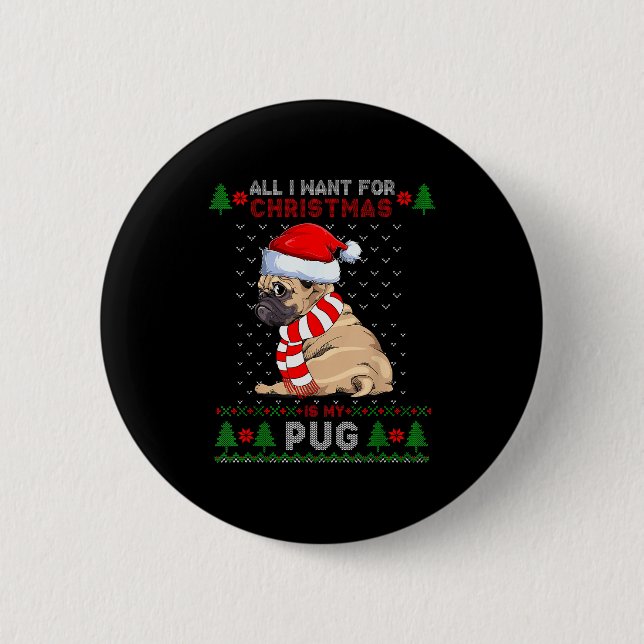 Funny Dog Lovers Cute Pug Santa Hat Ugly Christmas Button (Front)