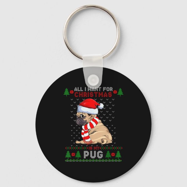 Funny Dog Lovers Cute Pug Santa Hat Ugly Christmas Keychain (Front)