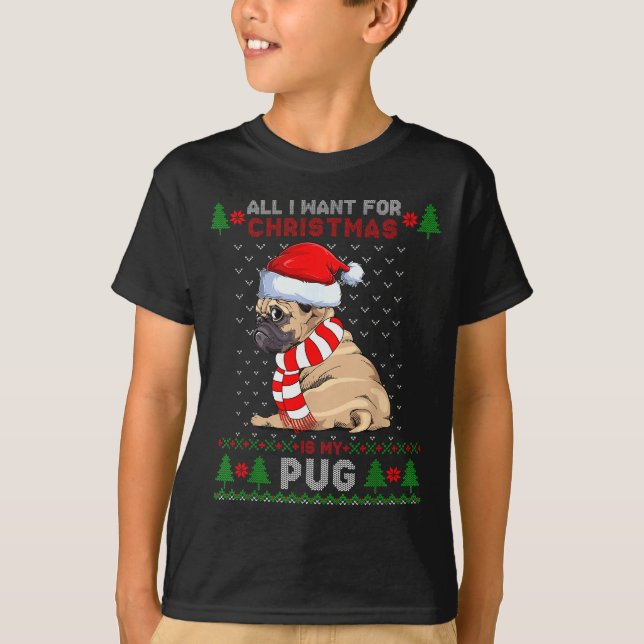 Funny Dog Lovers Cute Pug Santa Hat Ugly Christmas T-Shirt (Front)