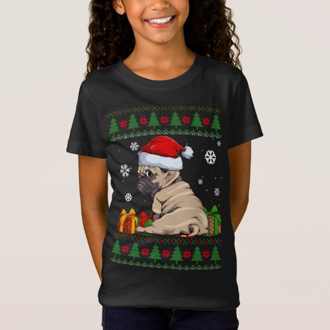 Funny Dog lovers Cute Pug Santa Hat Ugly Christmas T-Shirt (Front)