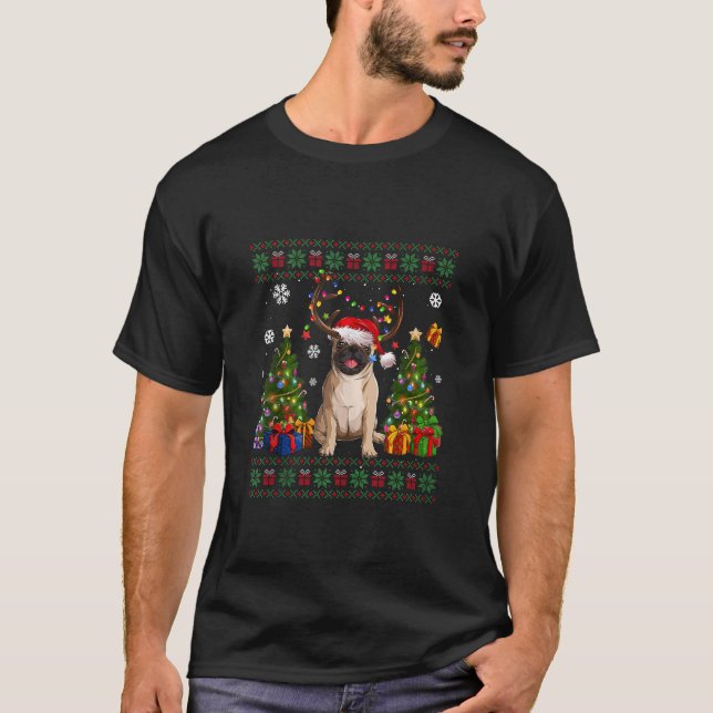 Funny Dog Lovers Cute Pug Santa Hat Ugly Christmas T-Shirt (Front)