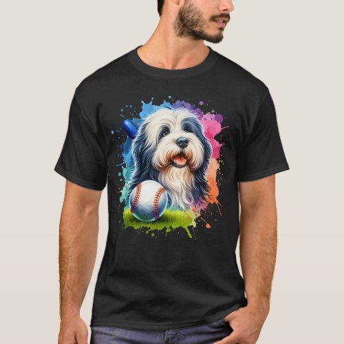 funny dog old english sheepdog play baseball T_Shirt